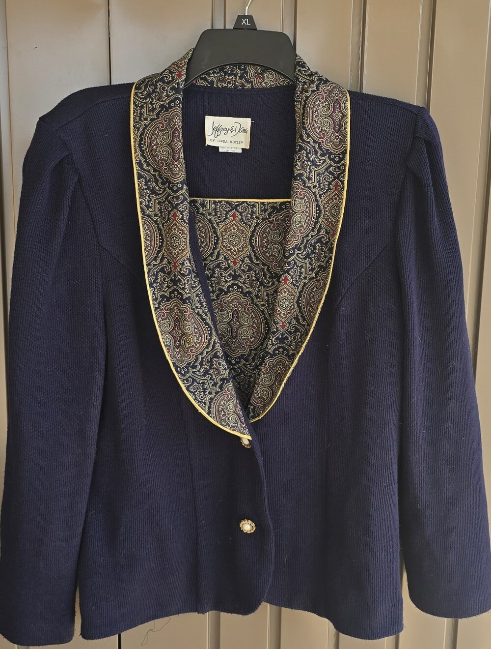 Jeffrey & Dara Navy Knit Blazer with Paisley Satin Shawl Collar